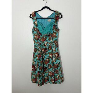 Lindy Bop Ophelia Retro Pin Up Turquoise Floral Fit and Flare Swing Dress Medium